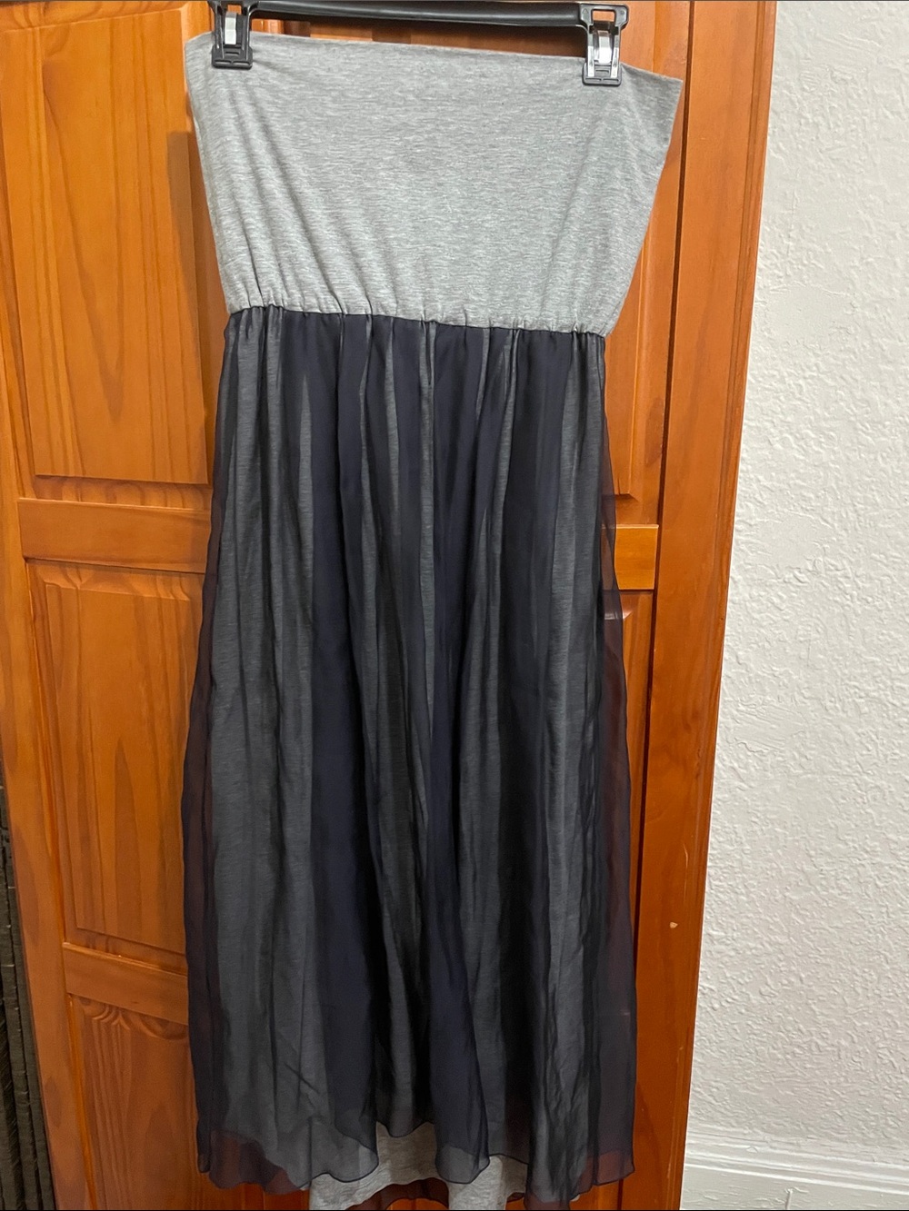 Peserico Grey Strapless Maxi Dress with navy sheer Overlay